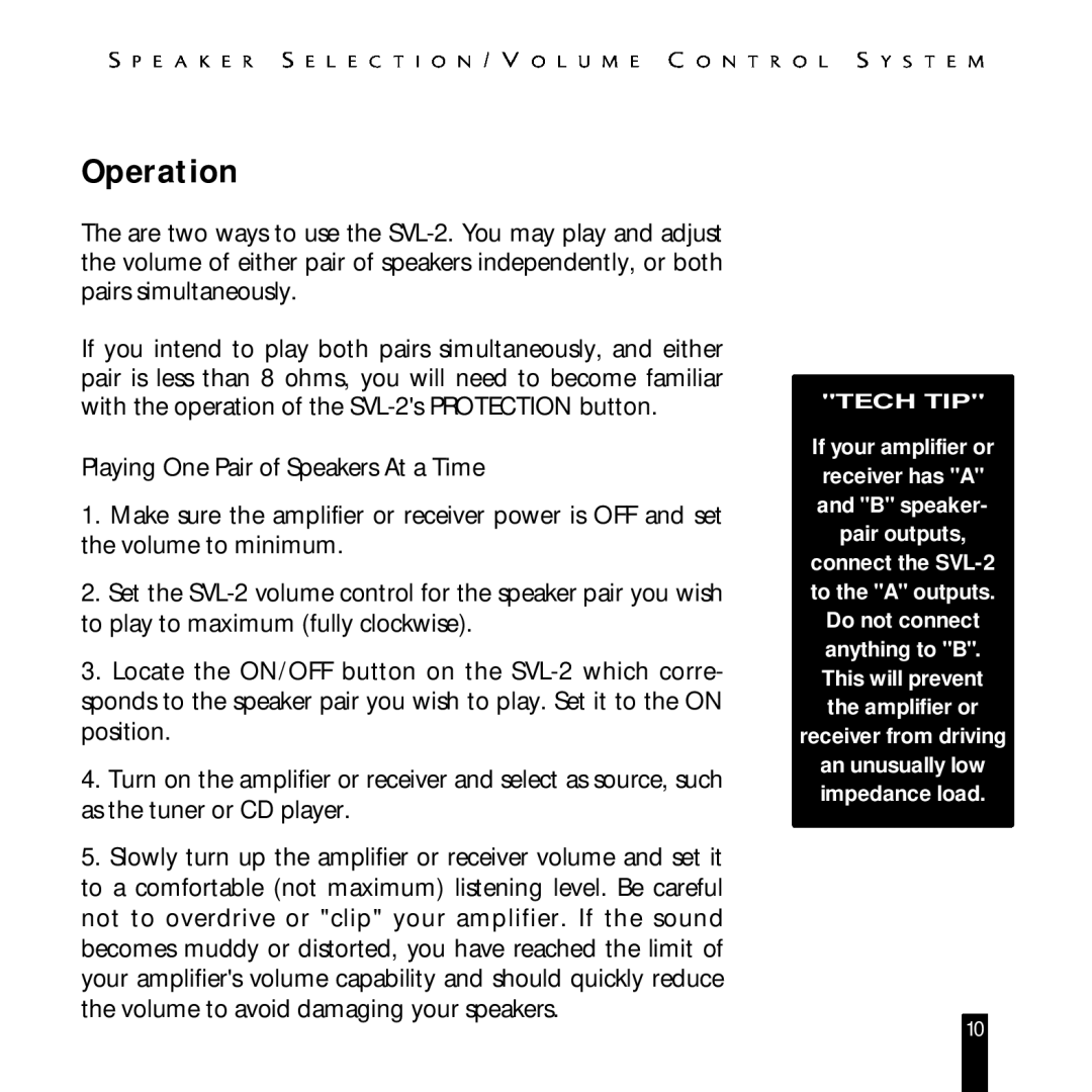 Niles Audio SVL-2 manual Operation 