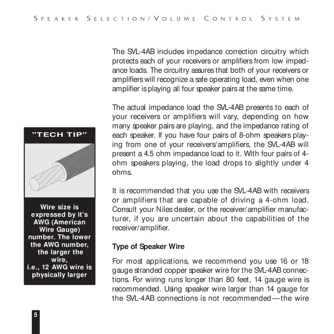 Niles Audio SVL-4AB manual Type of Speaker Wire 