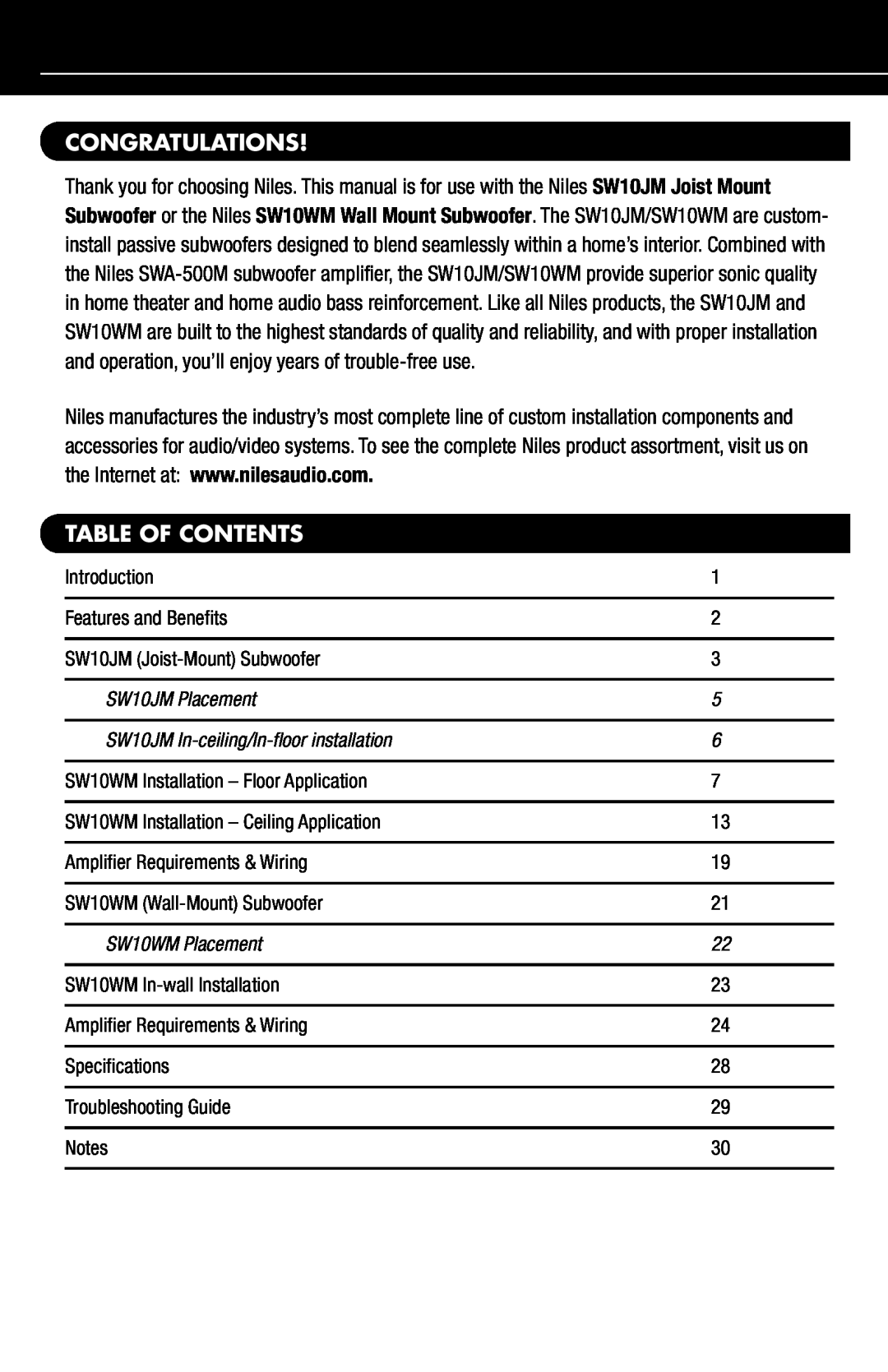 Niles Audio SW10WM manual Congratulations, Table Of Contents, SW10JM Placement, SW10JM In-ceiling/In-floor installation 