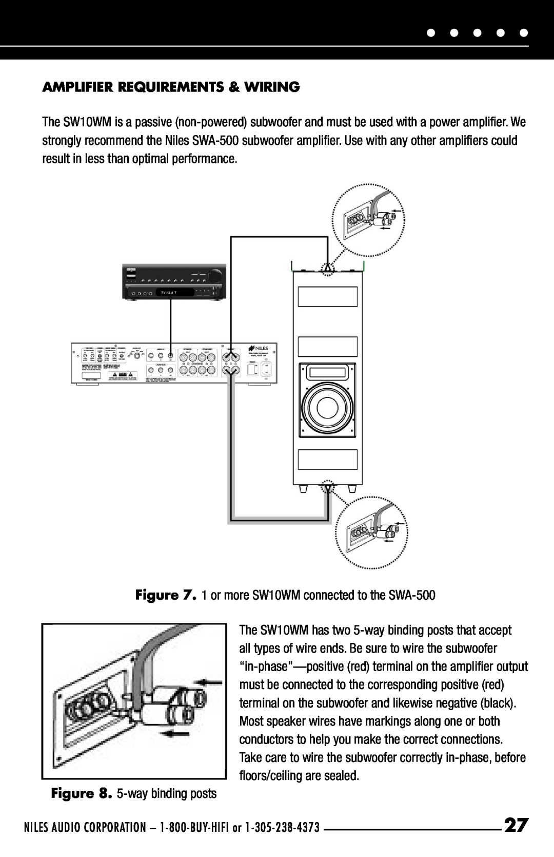 Niles Audio SW10JM Amplifier Requirements & Wiring, 1 or more SW10WM connected to the SWA-500, 5-way binding posts 