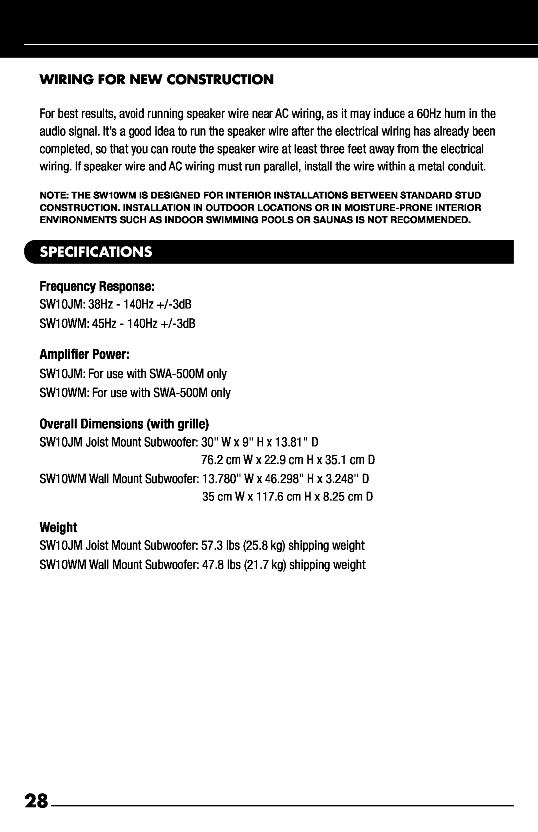 Niles Audio SW10JM, SW10WM manual Specifications, Wiring For New Construction 