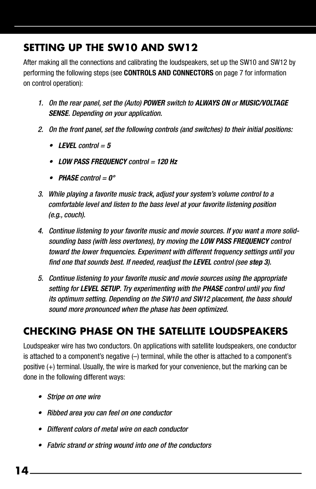 Niles Audio manual Setting UP the SW10 and SW12, Checking Phase on the Satellite Loudspeakers 