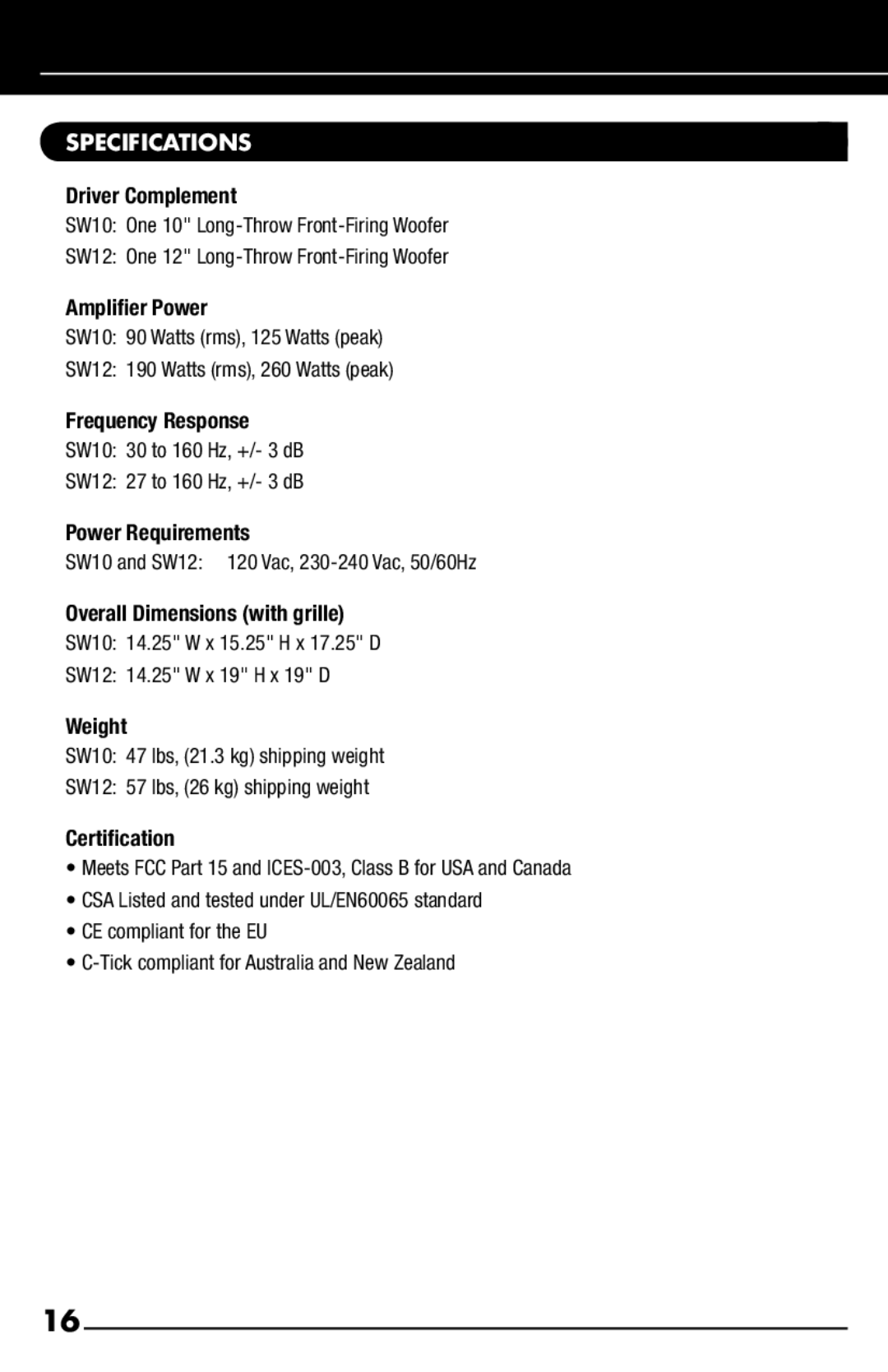 Niles Audio SW12, SW10 manual Specifications 