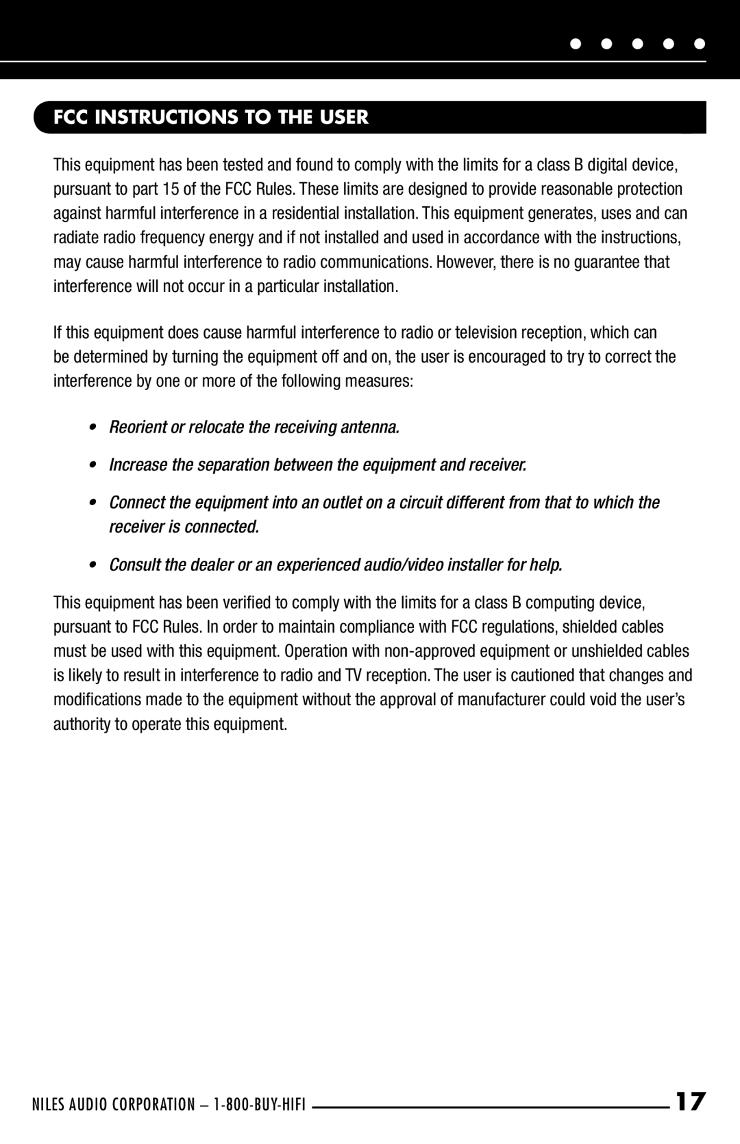 Niles Audio SW10, SW12 manual FCC Instructions to the User 