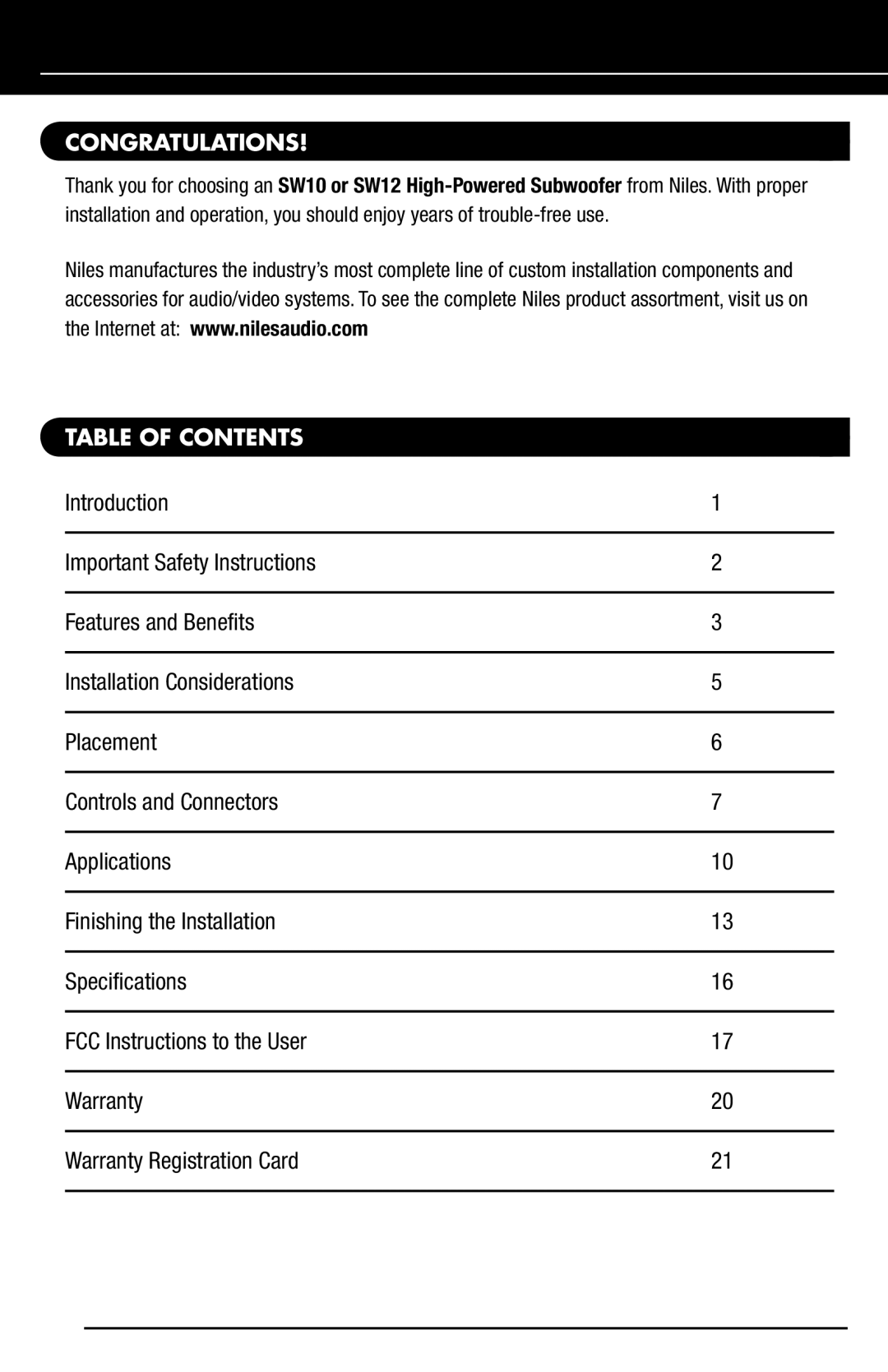 Niles Audio SW12, SW10 manual Congratulations, Table of Contents 