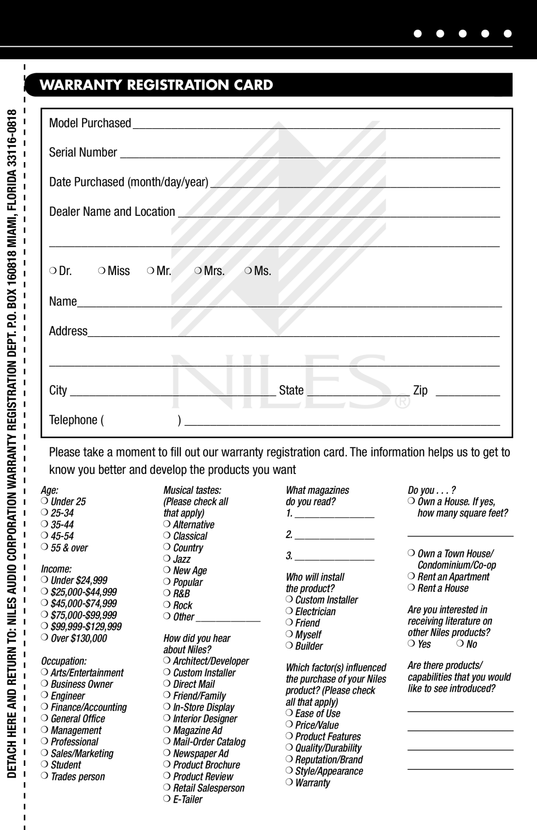 Niles Audio SW10, SW12 manual Warranty Registration Card, Yes 