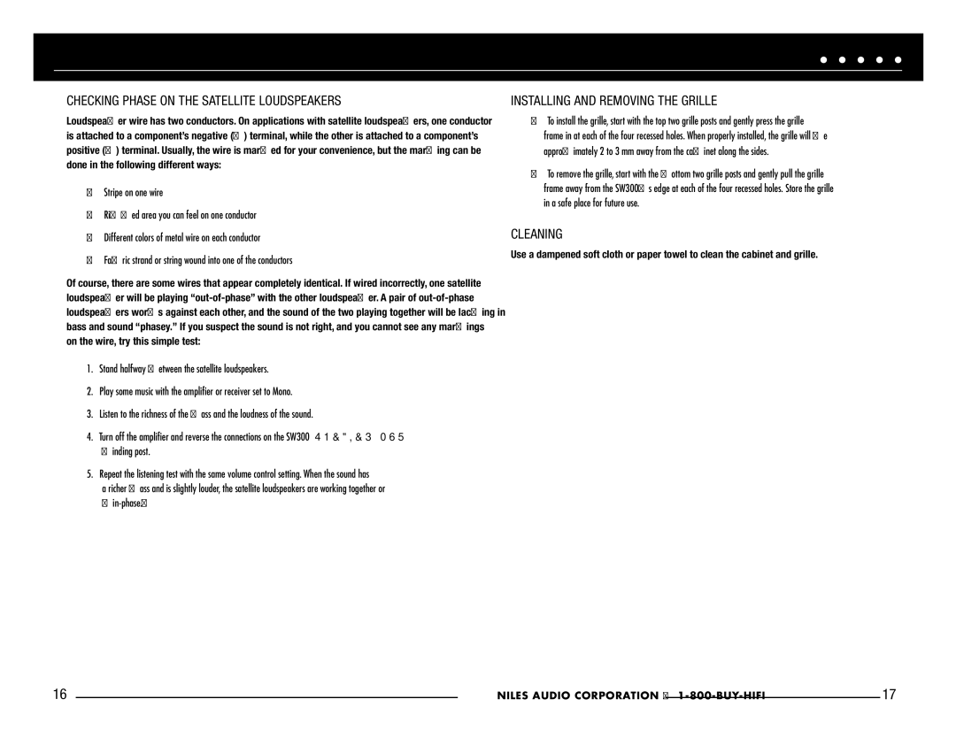 Niles Audio SW300 manual Checking Phase on the Satellite Loudspeakers, Installing and Removing the Grille, Cleaning 