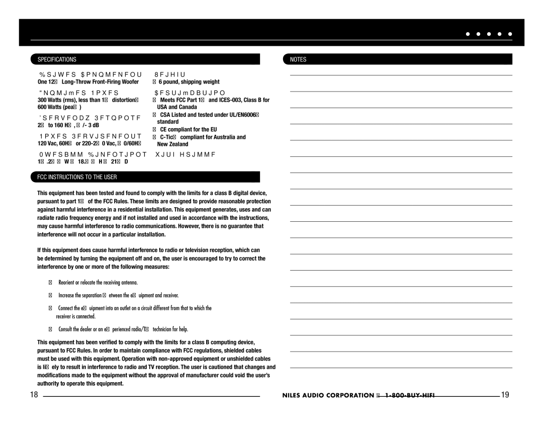 Niles Audio SW300 manual Specifications, FCC Instructions to the User 