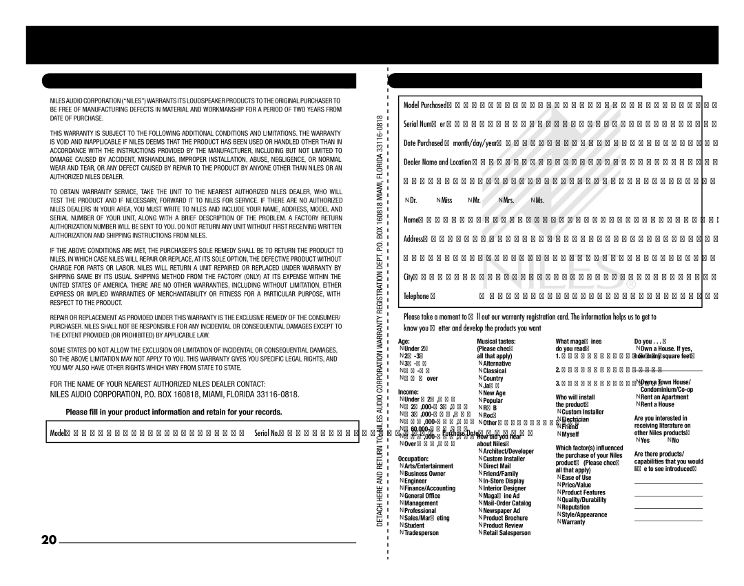 Niles Audio SW300 manual Limited Warranty, Warranty Registration Card 