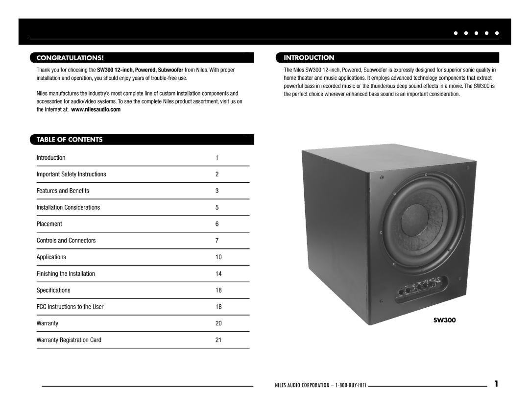 Niles Audio SW300 manual Congratulations, Introduction, Table of Contents 