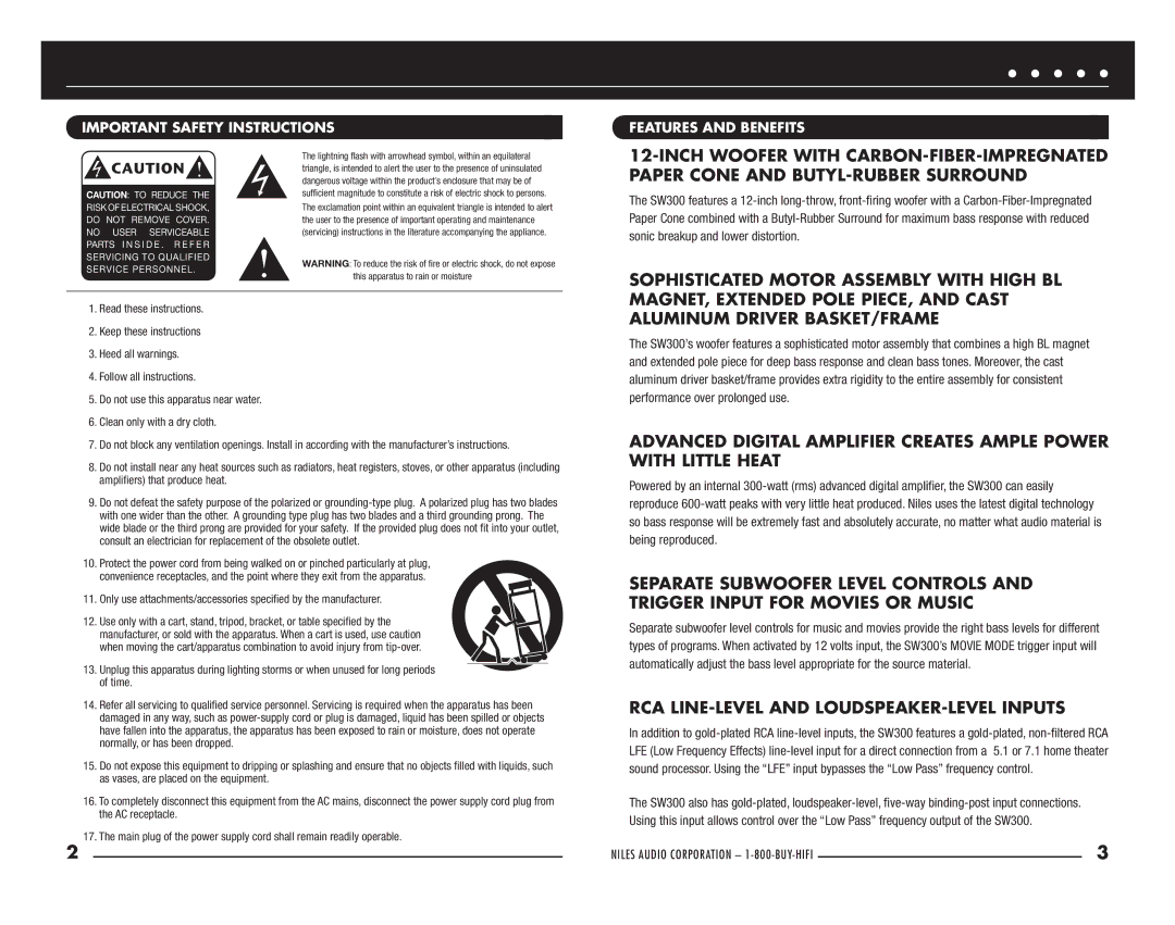 Niles Audio SW300 manual Aluminum Driver BASKET/FRAME, RCA LINE-LEVEL and LOUDSPEAKER-LEVEL Inputs 