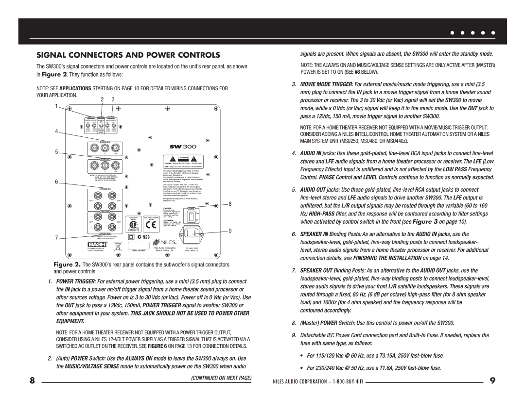 Niles Audio SW300 manual Signal Connectors and Power Controls 