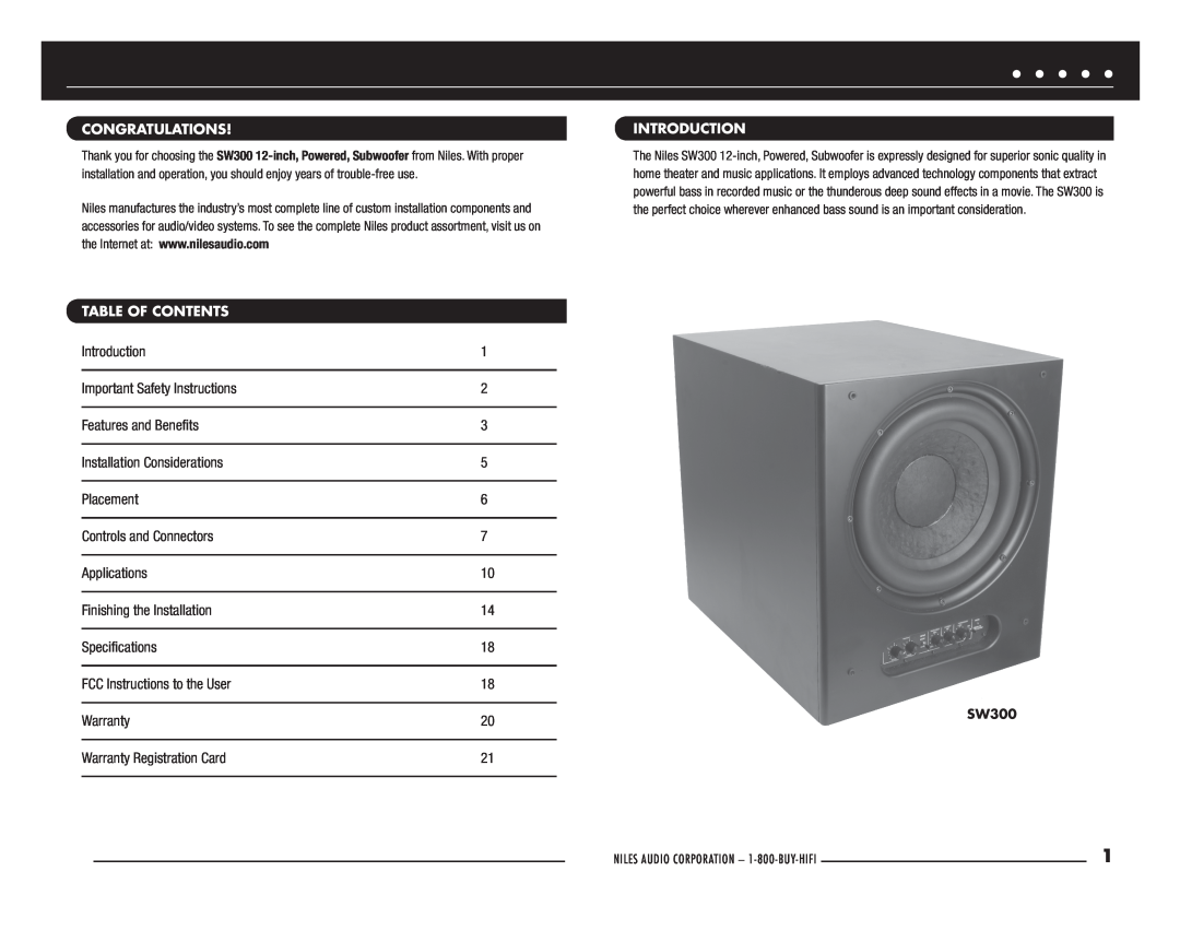 Niles Audio SW300 manual Introduction 