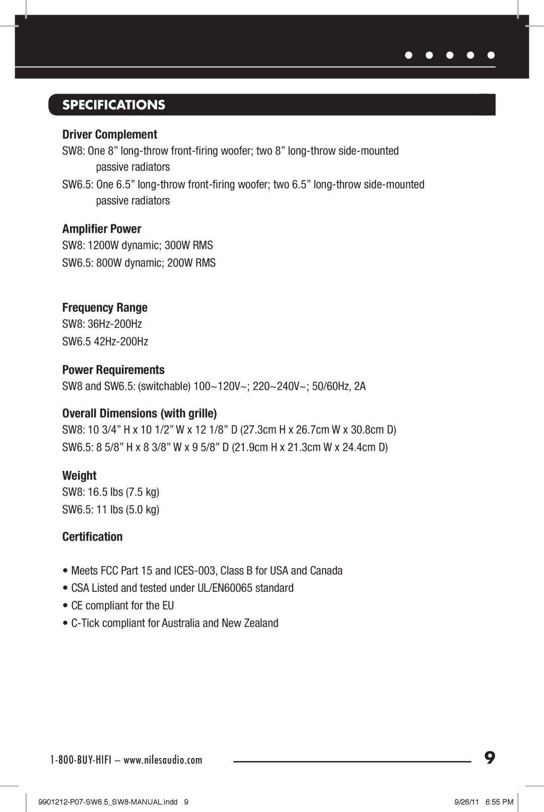 Niles Audio SW8, SW6.5 manual Signal Connectors and Power Controls, Specifications 