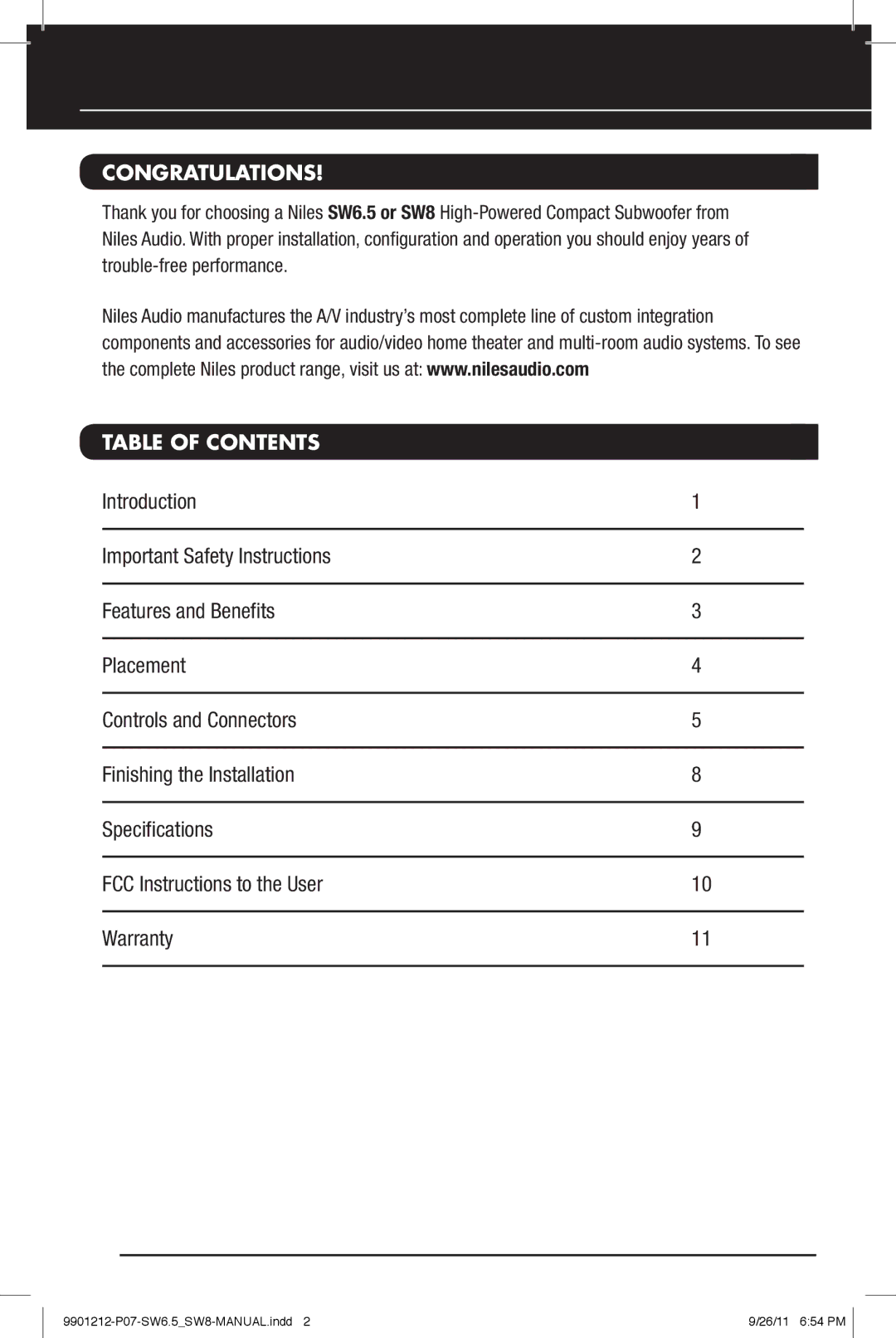 Niles Audio SW6.5, SW8 manual Congratulations, Table of Contents 