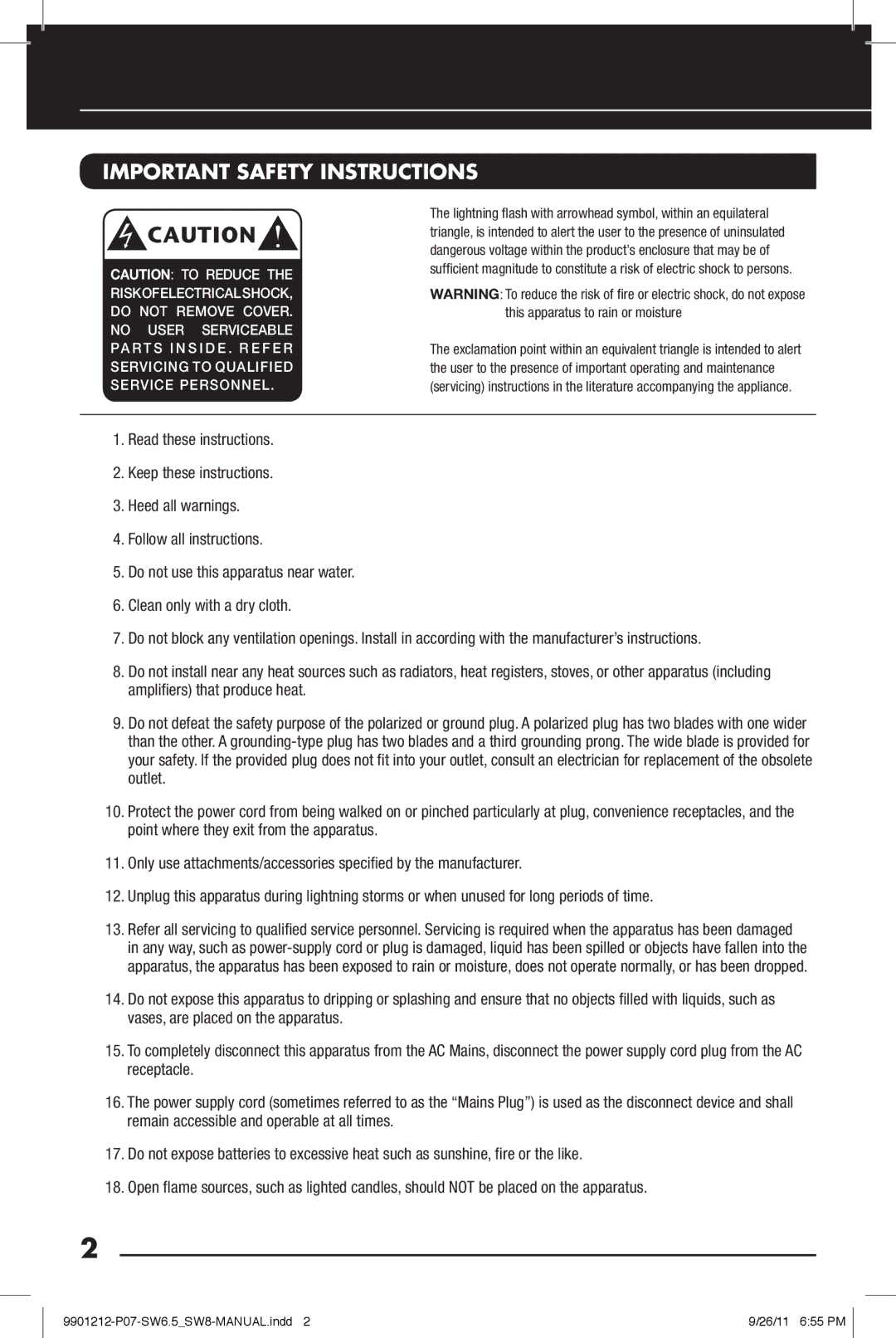 Niles Audio SW6.5, SW8 manual Important Safety Instructions 