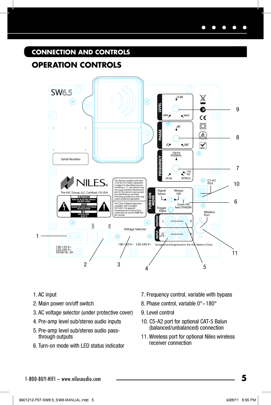 Niles Audio SW8, SW6.5 manual Operation Controls, Connection and Controls 