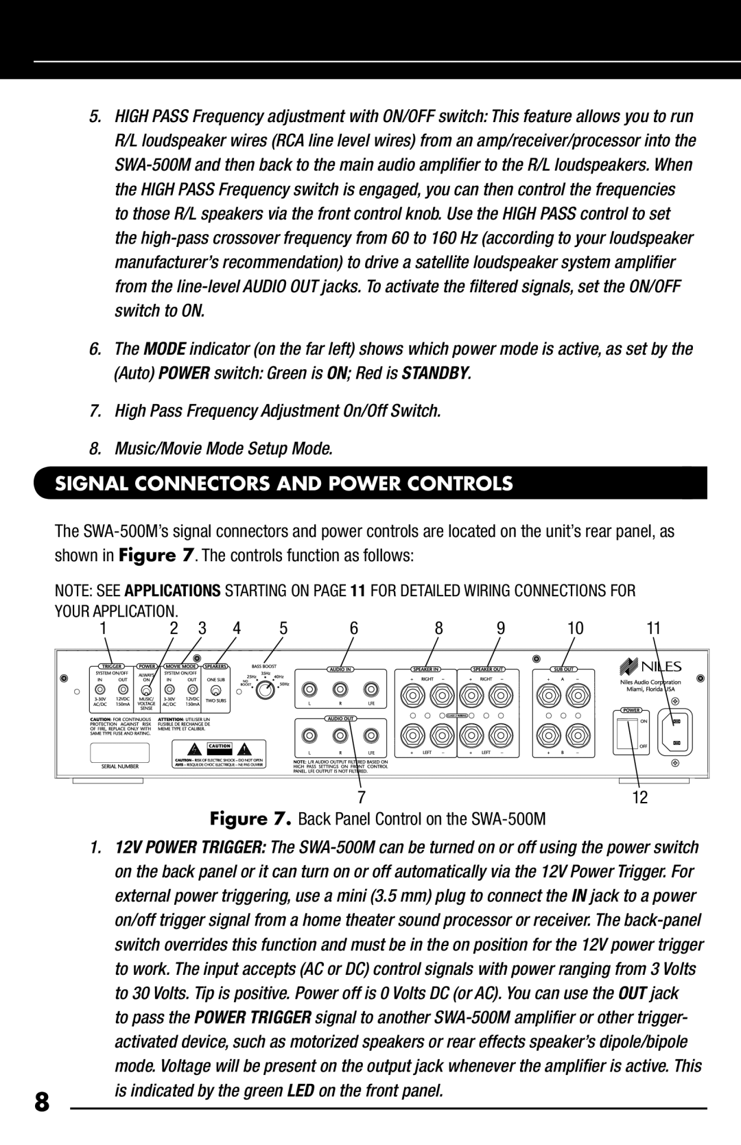 Niles Audio SWA-500M manual Signal Connectors and Power Controls, Is indicated by the green LED on the front panel 