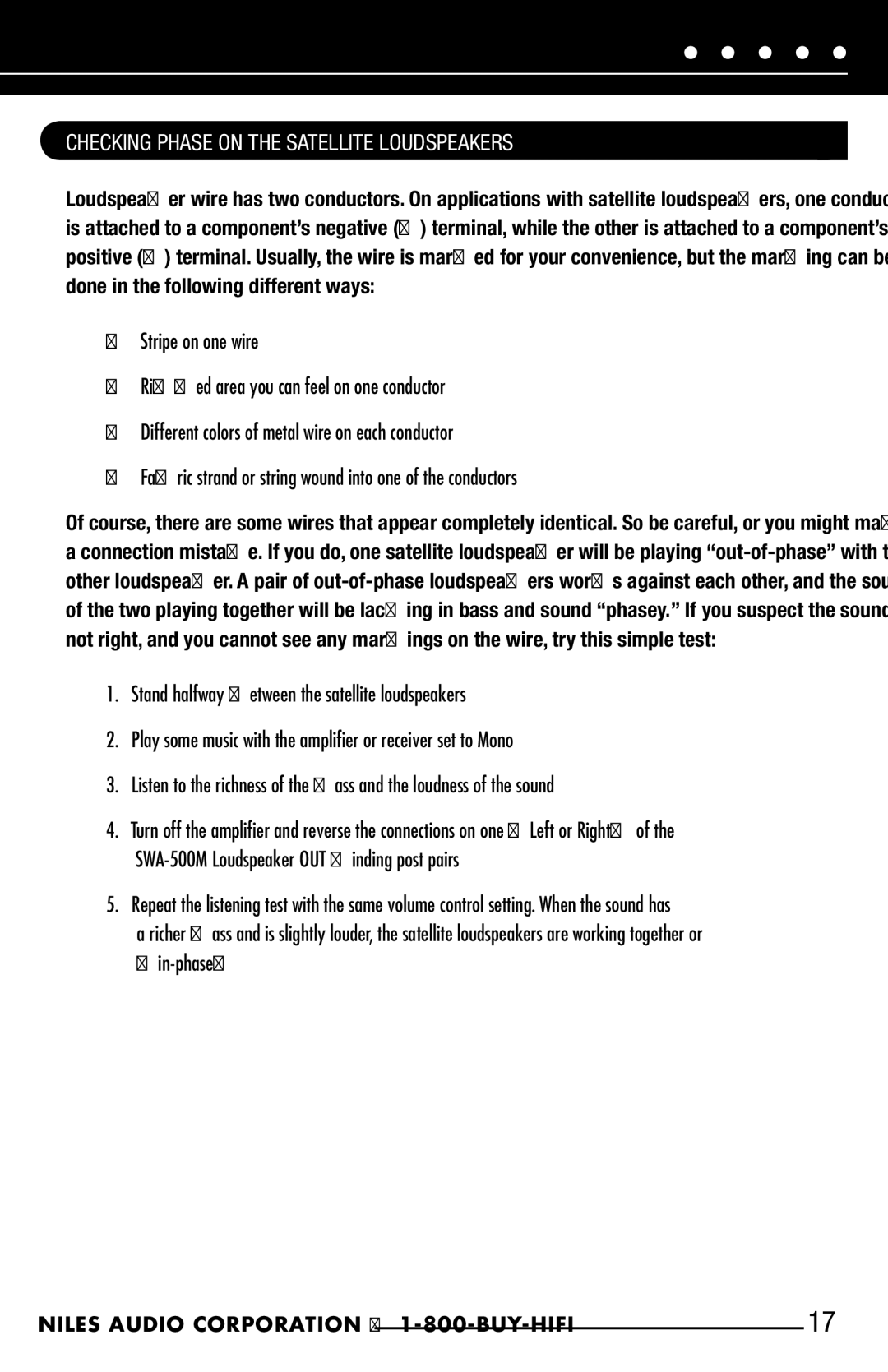 Niles Audio SWA-500M manual Checking Phase on the Satellite Loudspeakers 