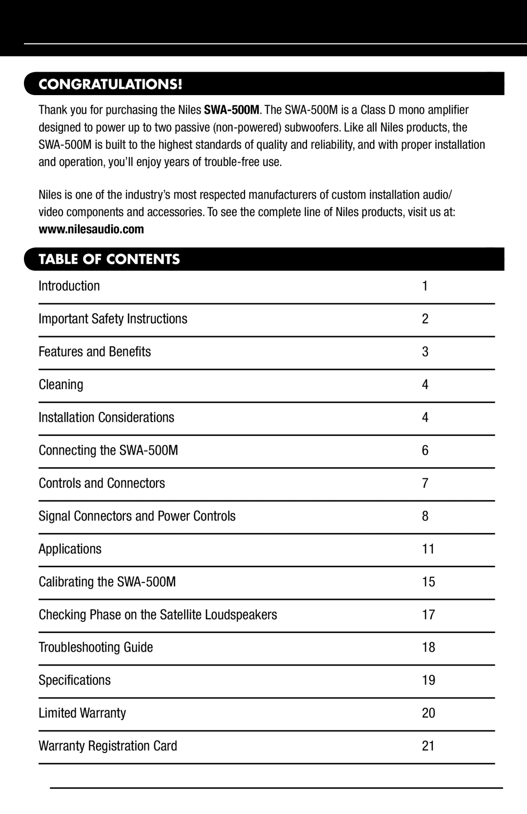 Niles Audio SWA-500M manual Congratulations, Table of Contents 