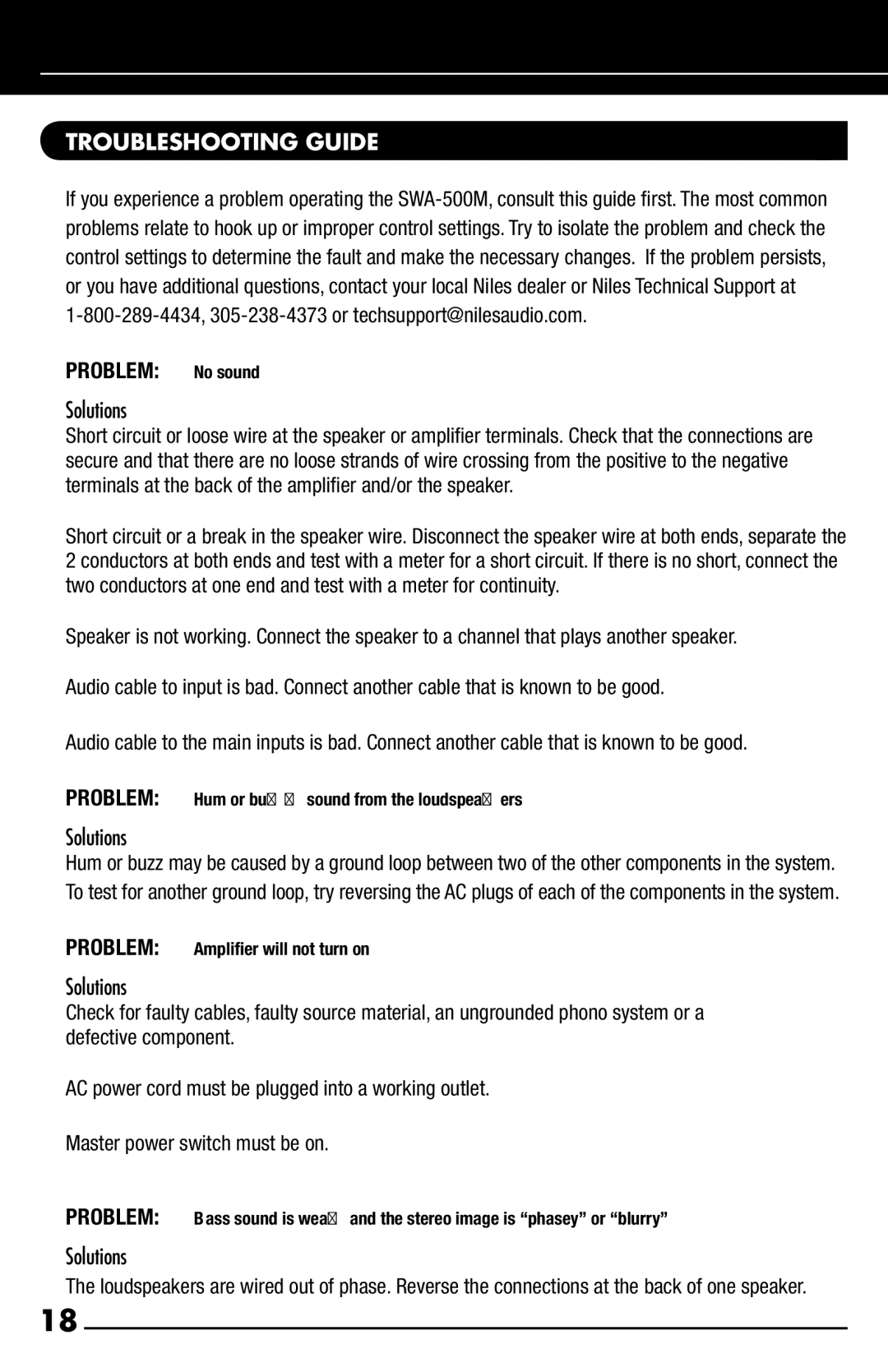 Niles Audio SWA-500M manual Troubleshooting Guide, Problem No sound 