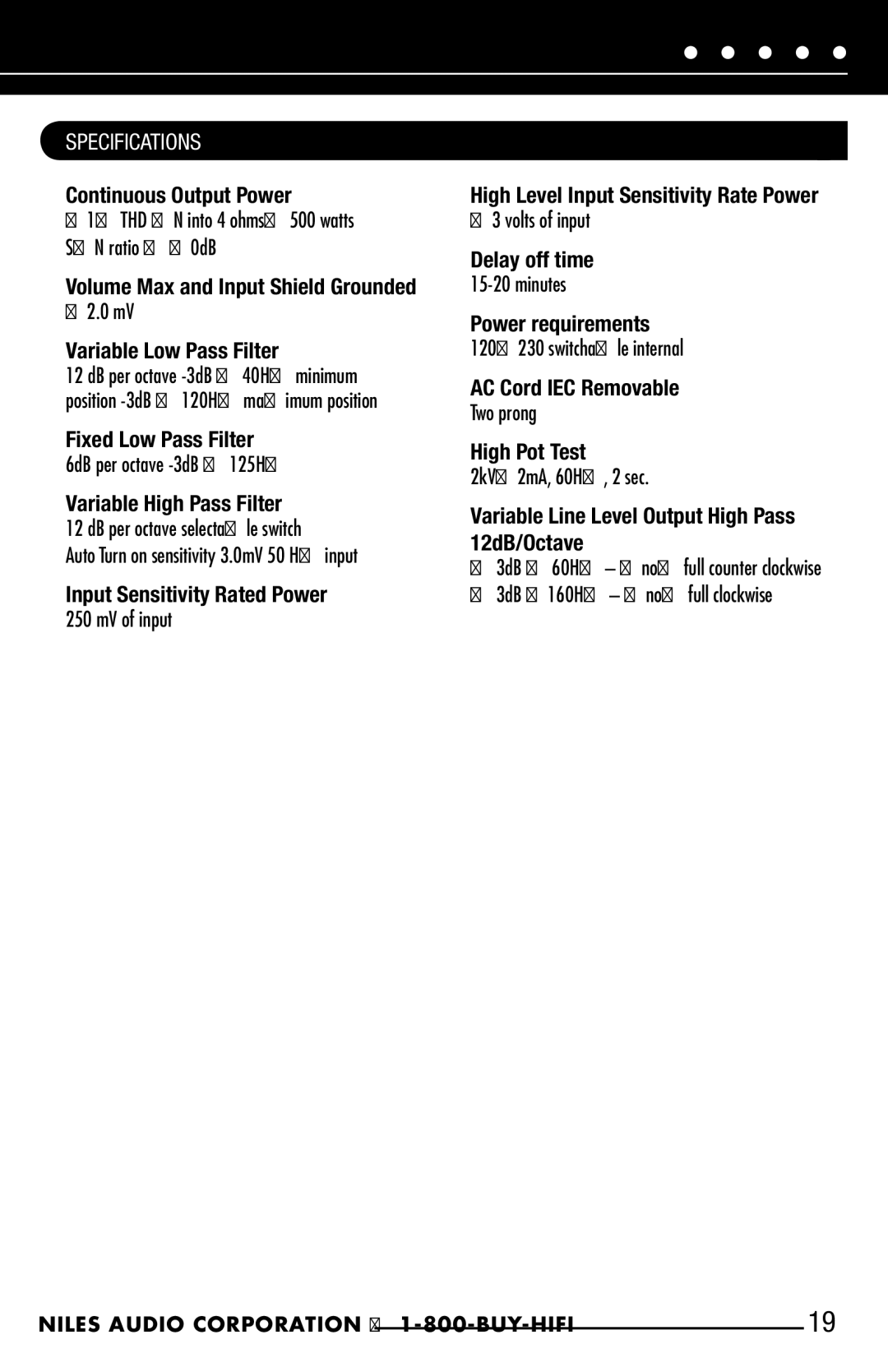 Niles Audio SWA-500M manual Specifications 