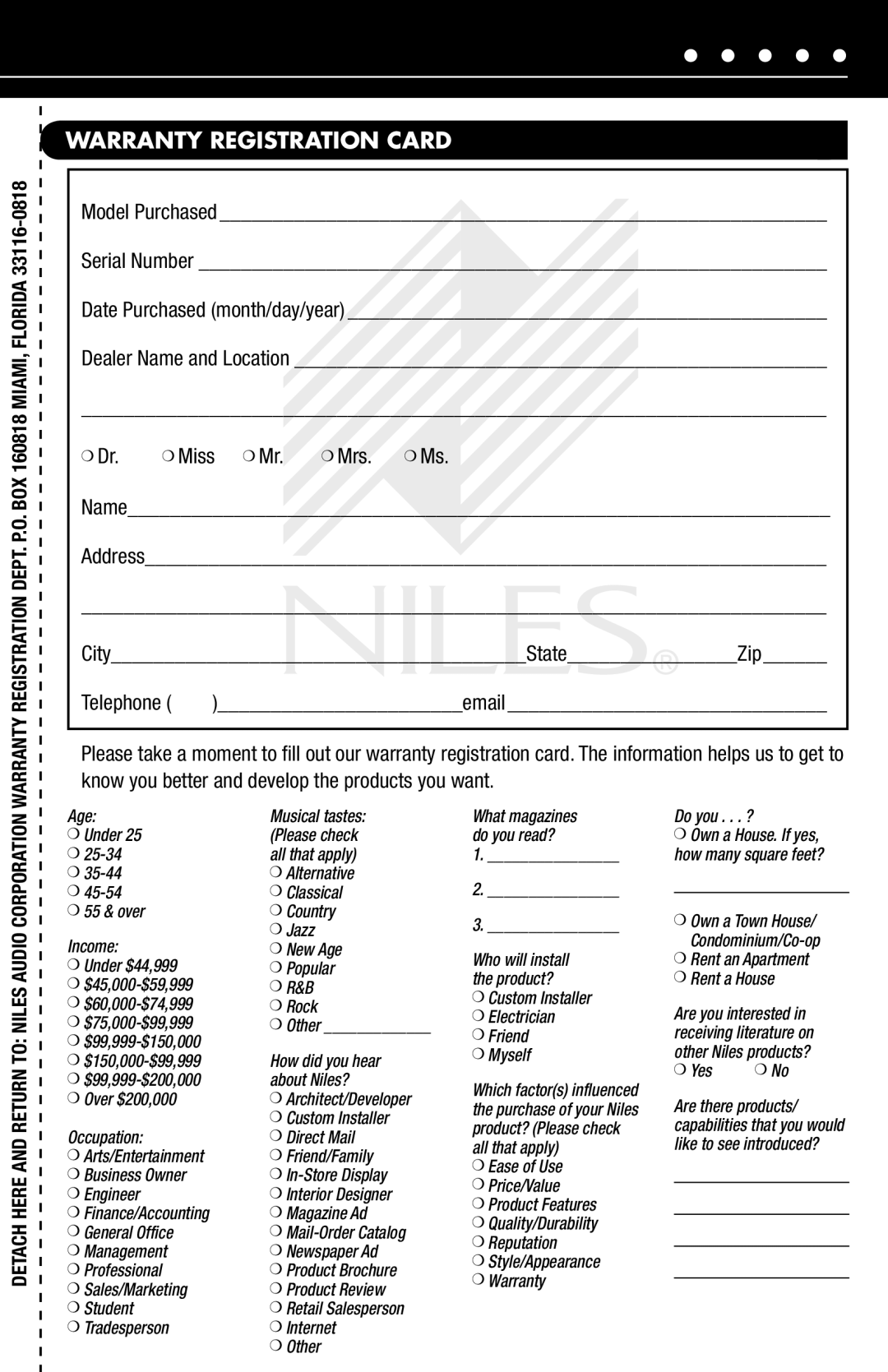 Niles Audio SWA-500M manual Warranty Registration Card, Yes 