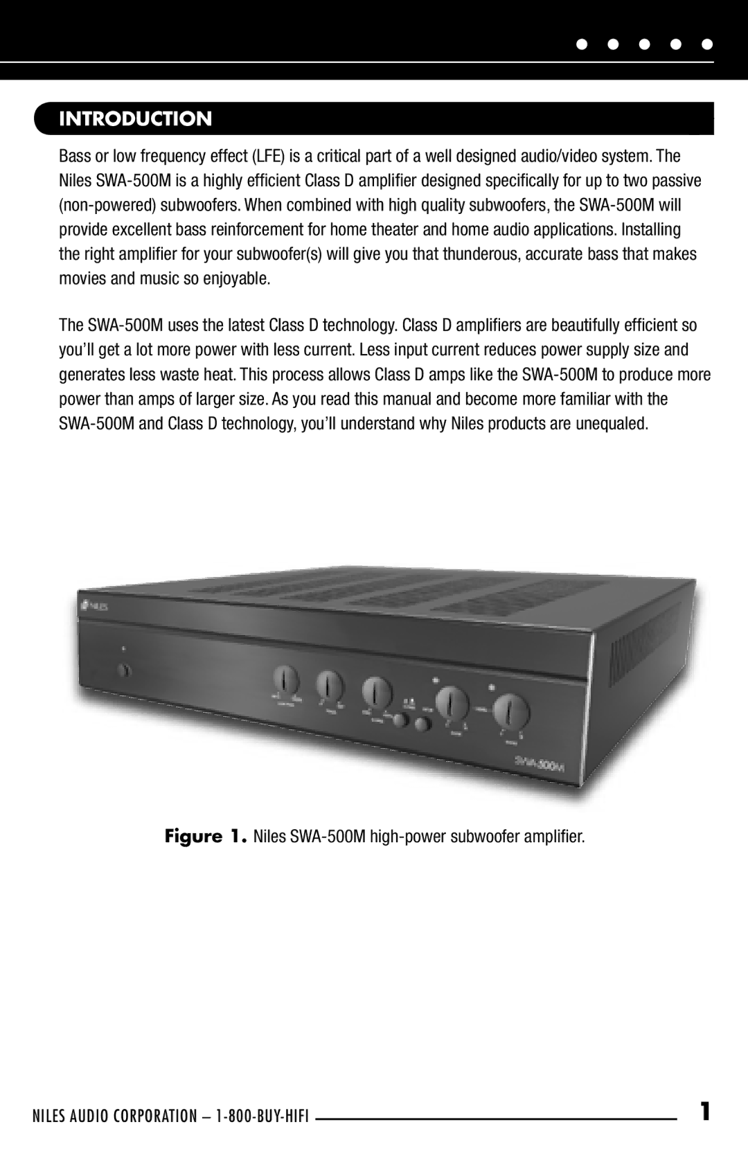 Niles Audio manual Introduction, Niles SWA-500M high-power subwoofer ampliﬁer 