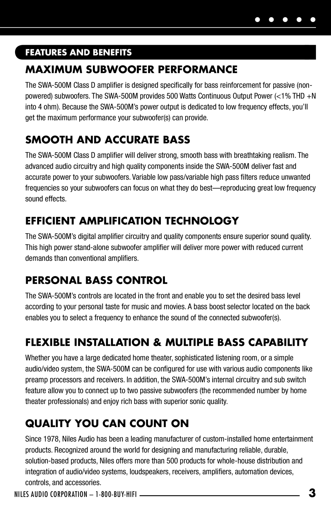 Niles Audio SWA-500M manual Maximum Subwoofer Performance, Smooth and Accurate Bass, Efficient Amplification Technology 
