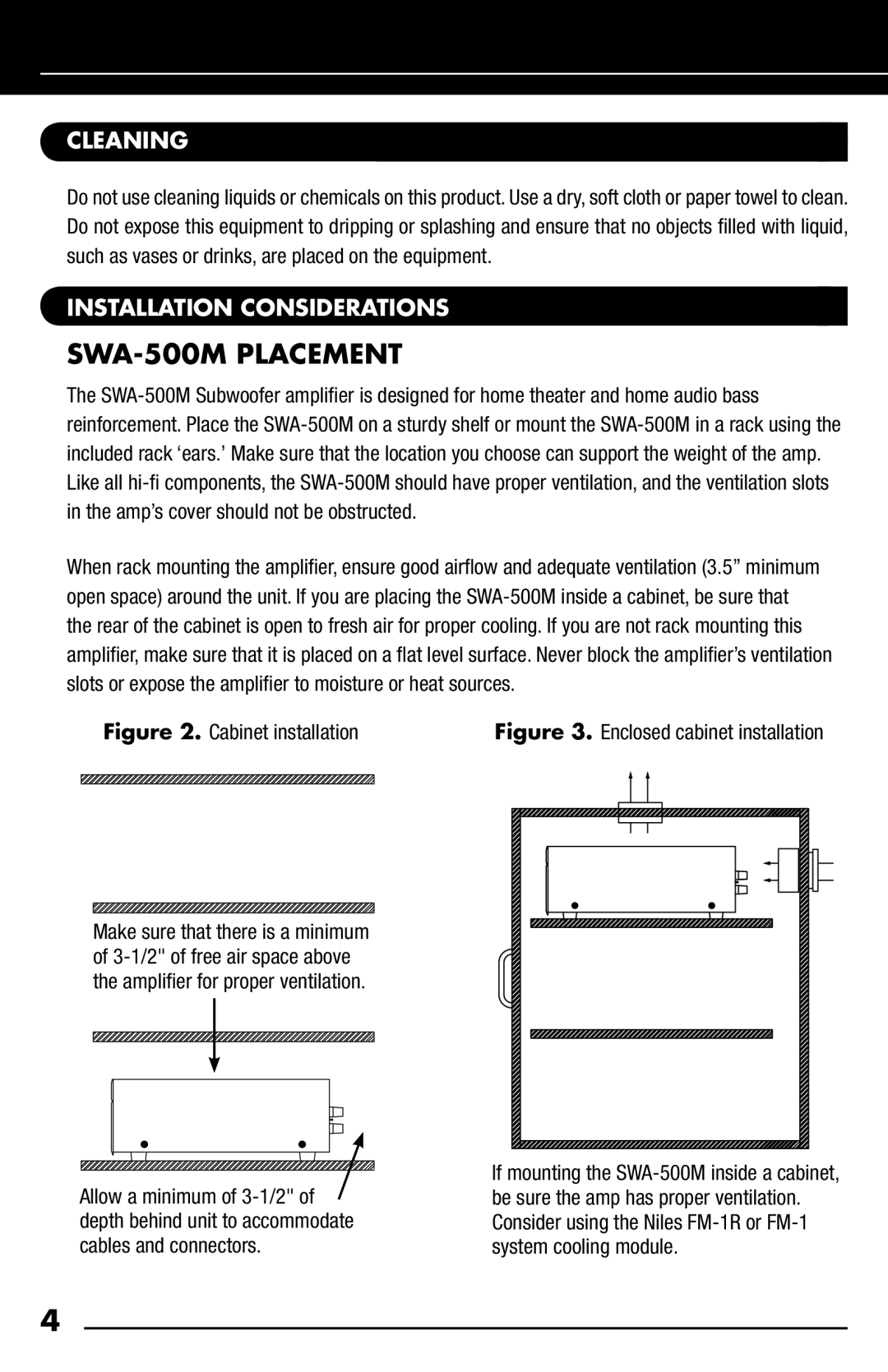 Niles Audio manual SWA-500M Placement, Cleaning, Installation Considerations 