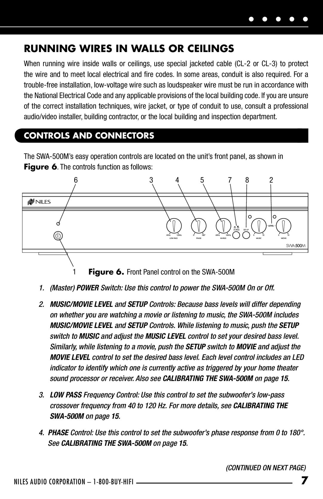 Niles Audio SWA-500M manual Running Wires in Walls or Ceilings, Controls and Connectors 