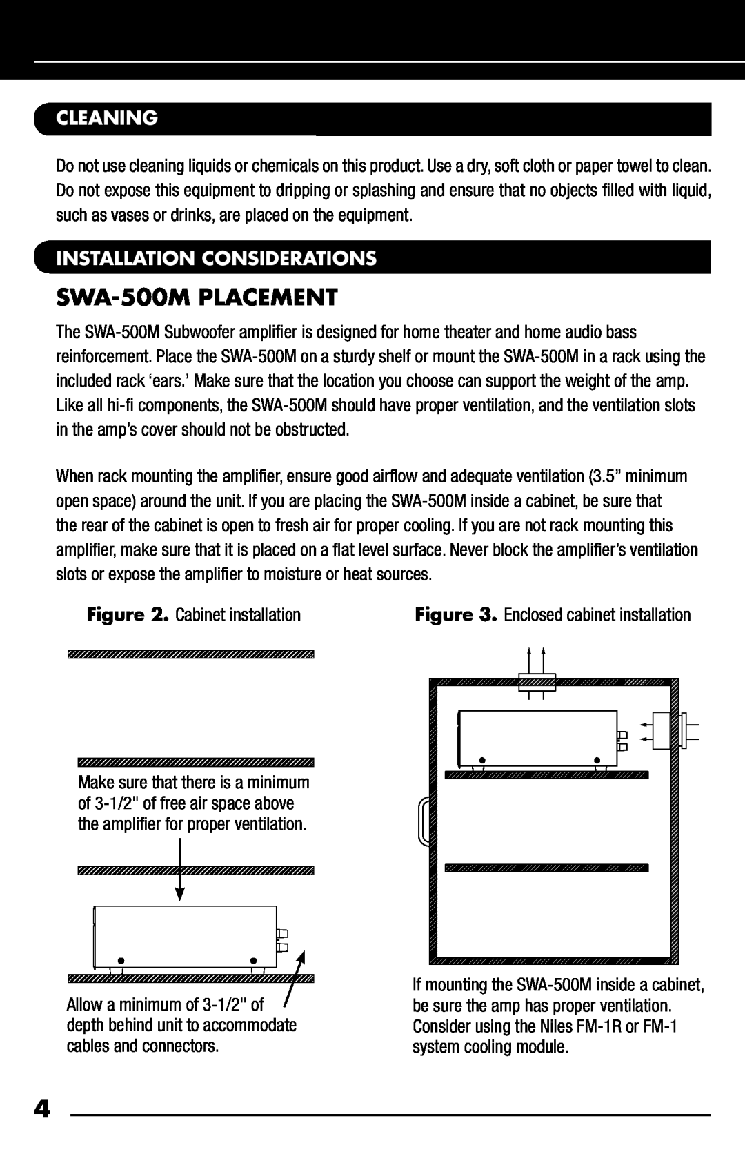 Niles Audio manual SWA-500MPLACEMENT, Cleaning, Installation Considerations 