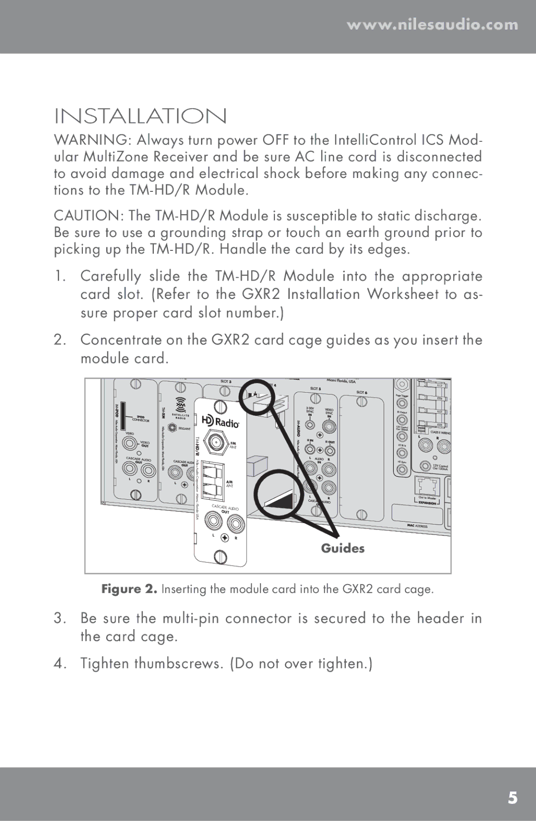 Niles Audio TM-HD/R manual Installation, Inserting the module card into the GXR2 card cage 