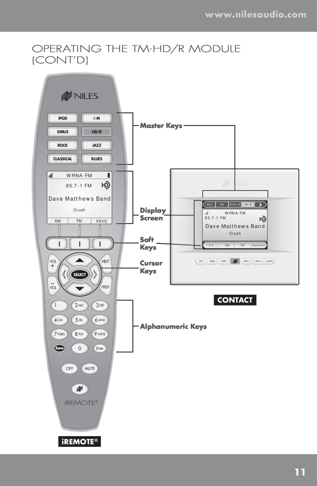 Niles Audio TM-HD/R Operating The Tm-Hd/Rmodule Cont’D, Contact, iREMOTE, Master Keys, Display, Screen, Soft, Cursor, 13&7 