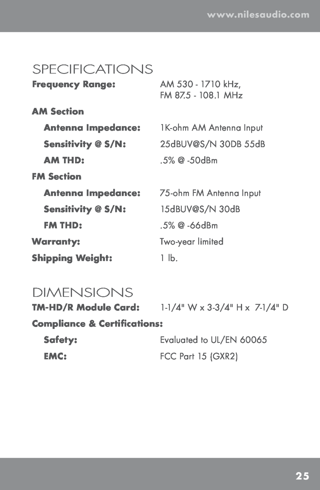 Niles Audio TM-HD/R manual Specifications, Dimensions 
