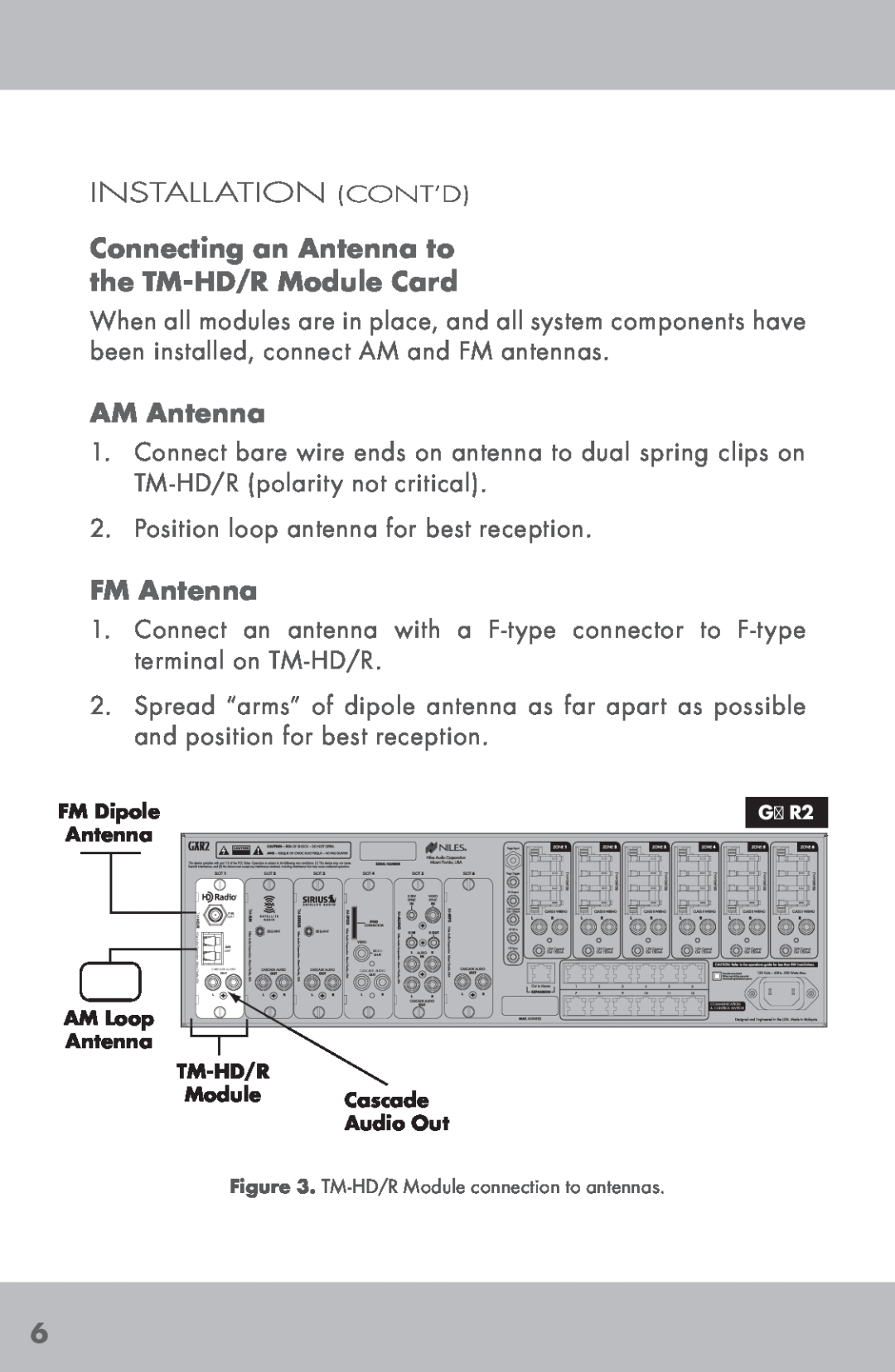 Niles Audio manual Installation Cont’D, Connecting an Antenna to the TM-HD/RModule Card, AM Antenna, FM Antenna 