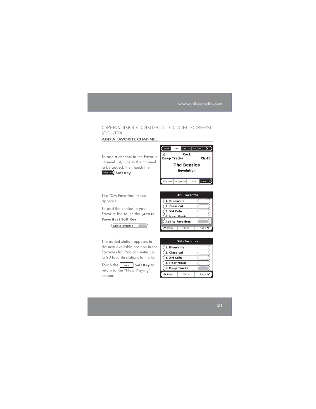 Niles Audio TM-XM manual To add a channel to the Favorite 