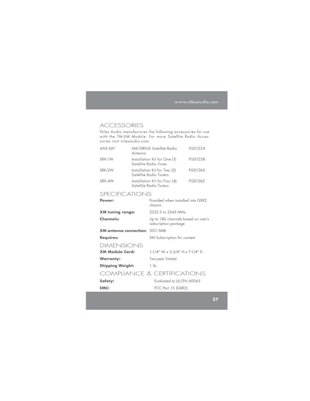 Niles Audio TM-XM manual Accessories, Specifications, Dimensions, Compliance & Certifications 