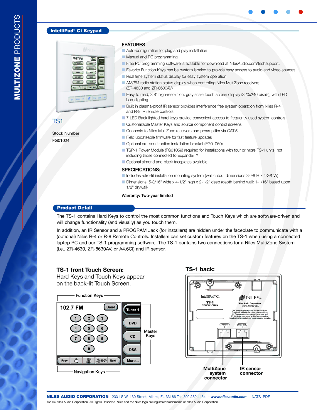 Niles Audio TS-1 Multizone Products, TS1, IntelliPad Ci Keypad, Product Detail, MultiZone IR sensor System Connector 