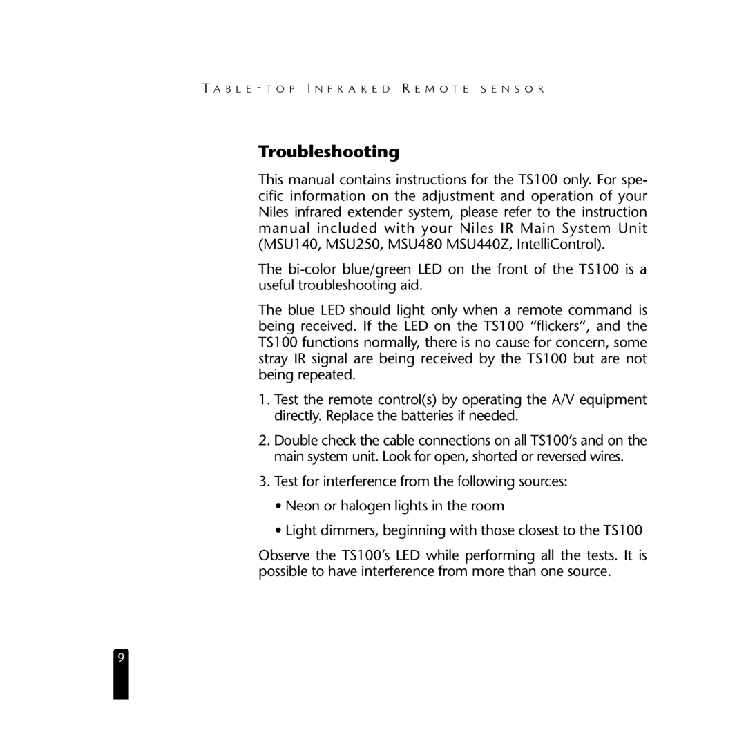 Niles Audio TS100 manual Troubleshooting 