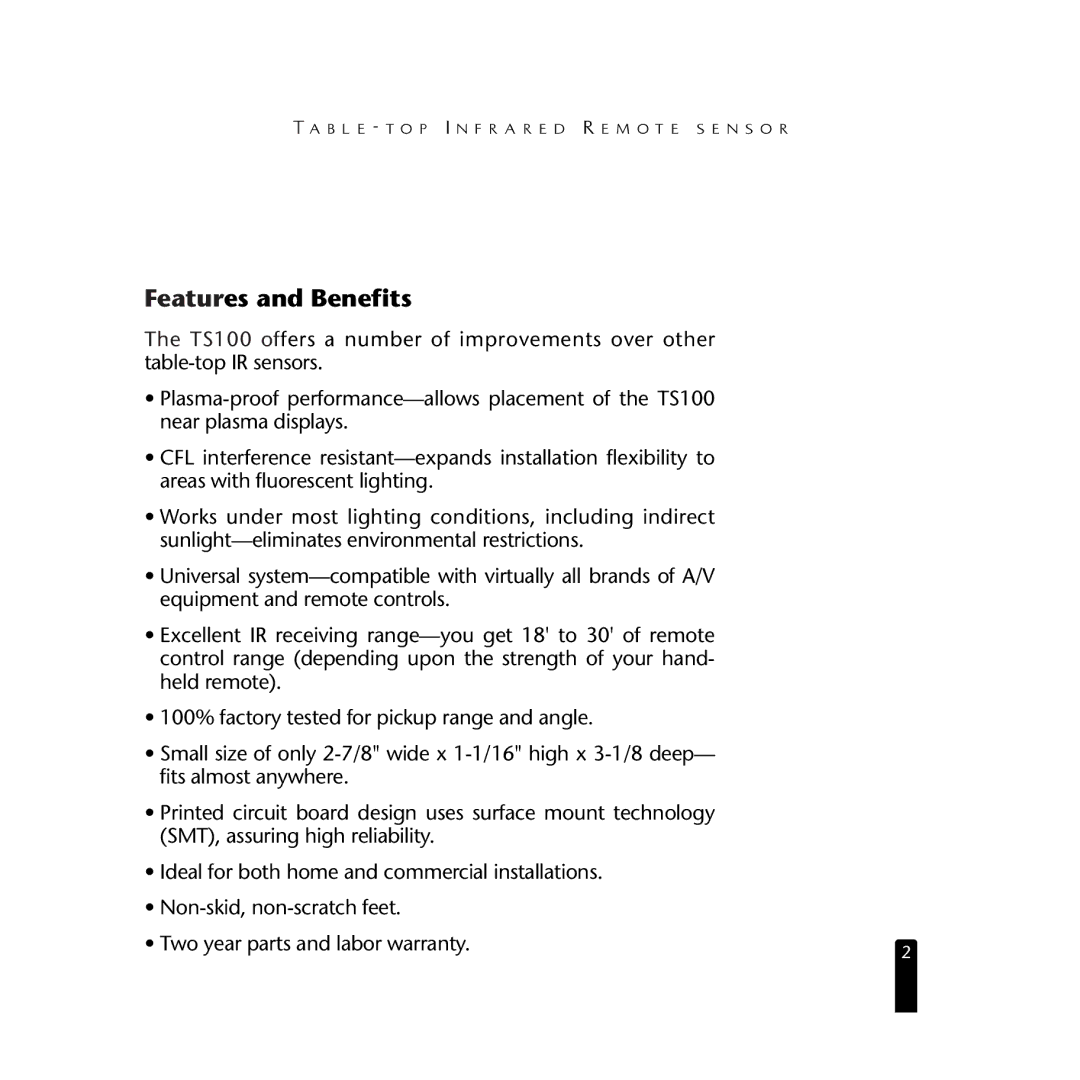 Niles Audio TS100 manual Features and Benefits 