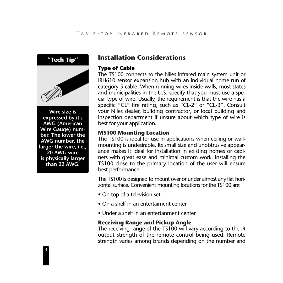 Niles Audio TS100 Installation Considerations, Type of Cable, MS100 Mounting Location, Receiving Range and Pickup Angle 