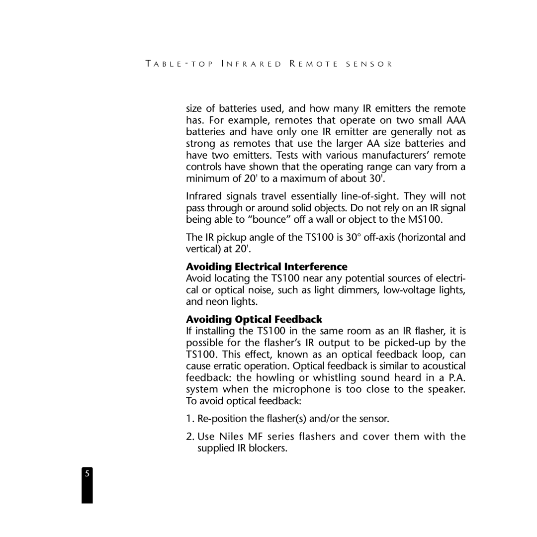 Niles Audio TS100 manual Avoiding Electrical Interference, Avoiding Optical Feedback 