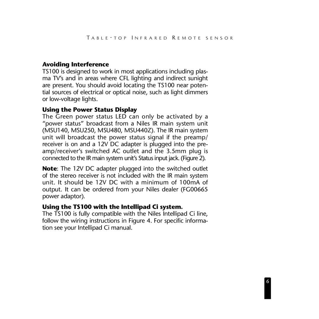 Niles Audio manual Avoiding Interference, Using the Power Status Display, Using the TS100 with the Intellipad Ci system 