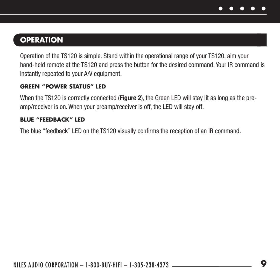 Niles Audio TS120 manual Operation, Green Power Status LED, Blue Feedback LED 