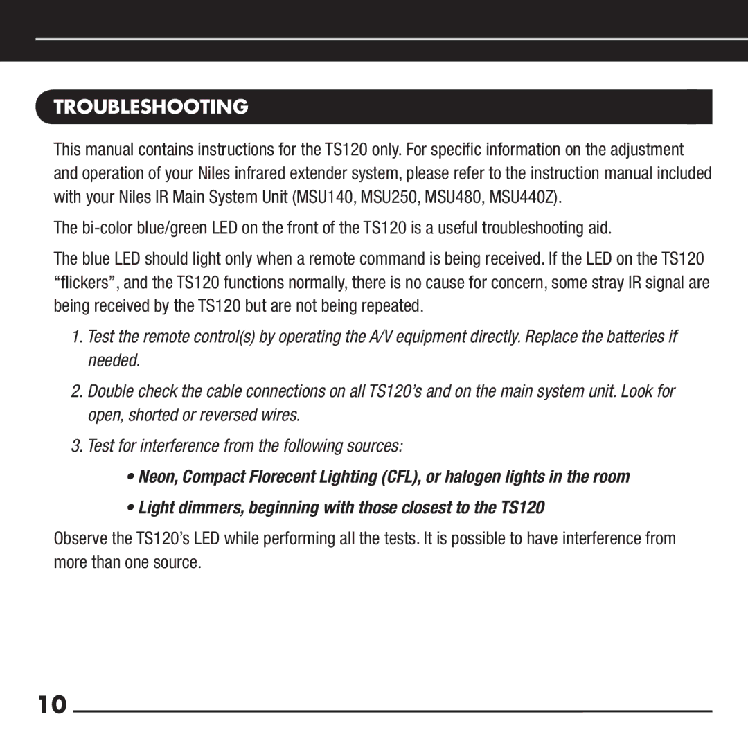 Niles Audio TS120 manual Troubleshooting 