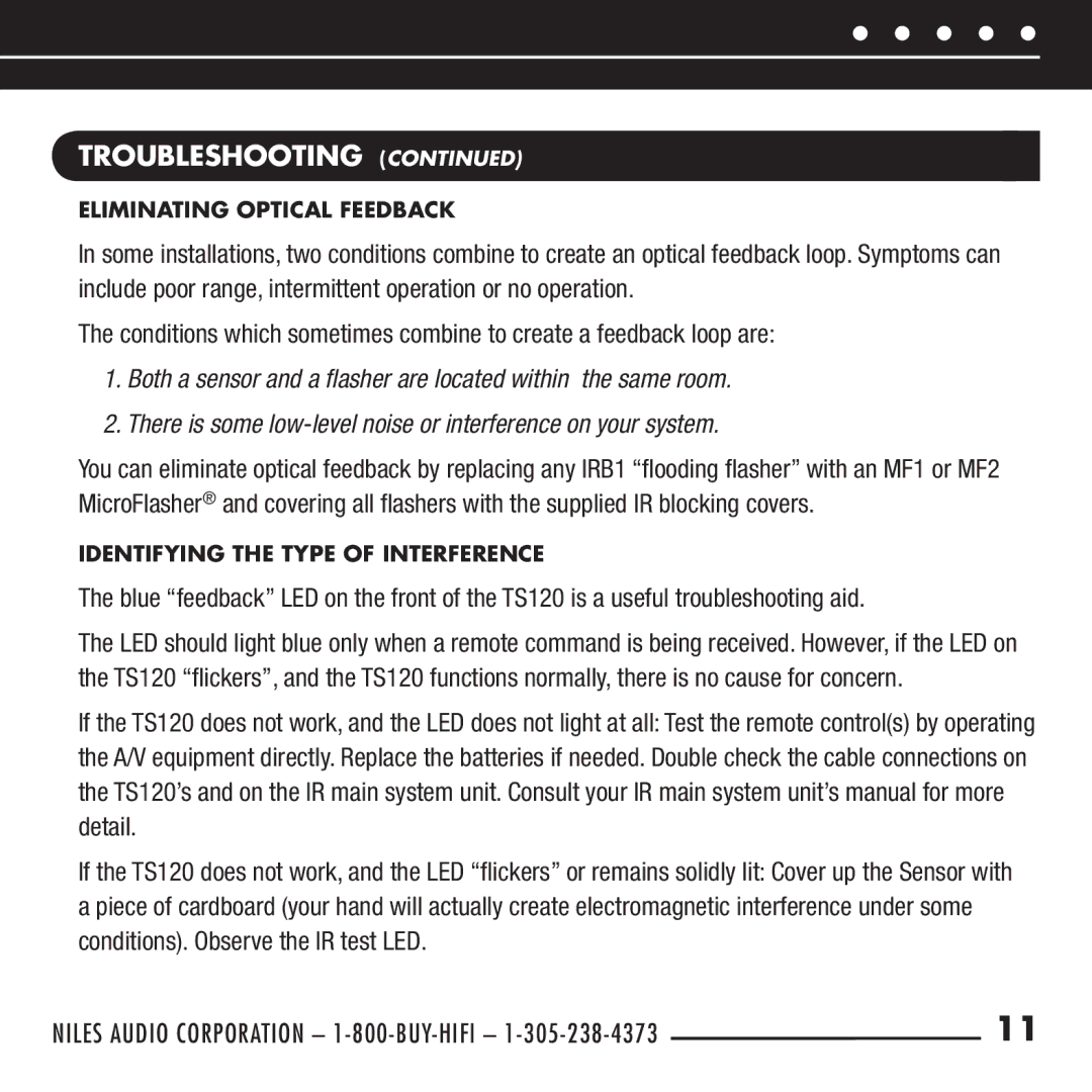 Niles Audio TS120 manual Troubleshooting, Eliminating Optical feedback, Identifying the Type of Interference 