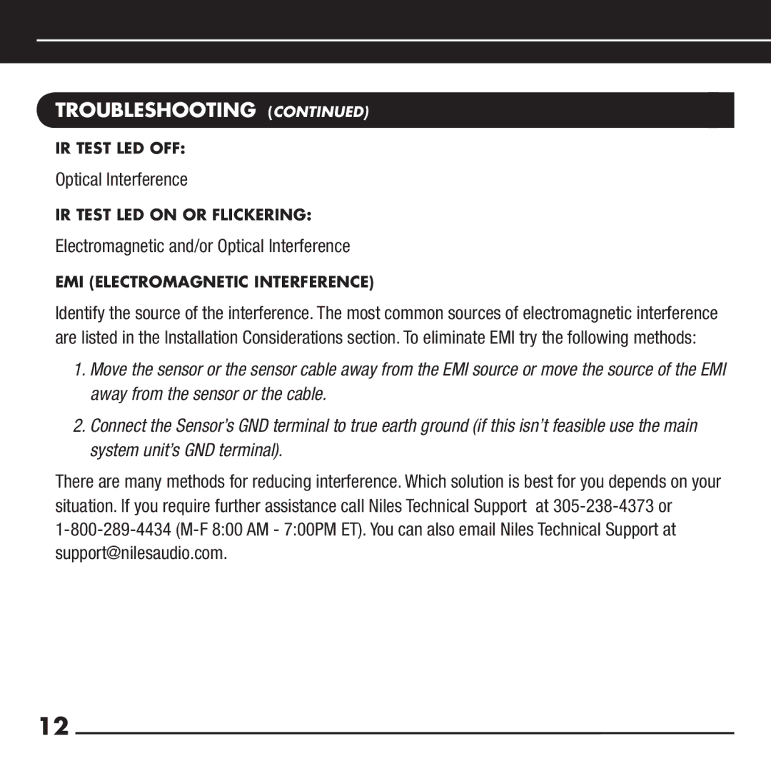 Niles Audio TS120 manual IR Test LED Off, IR Test LED On or Flickering, EMI Electromagnetic Interference 