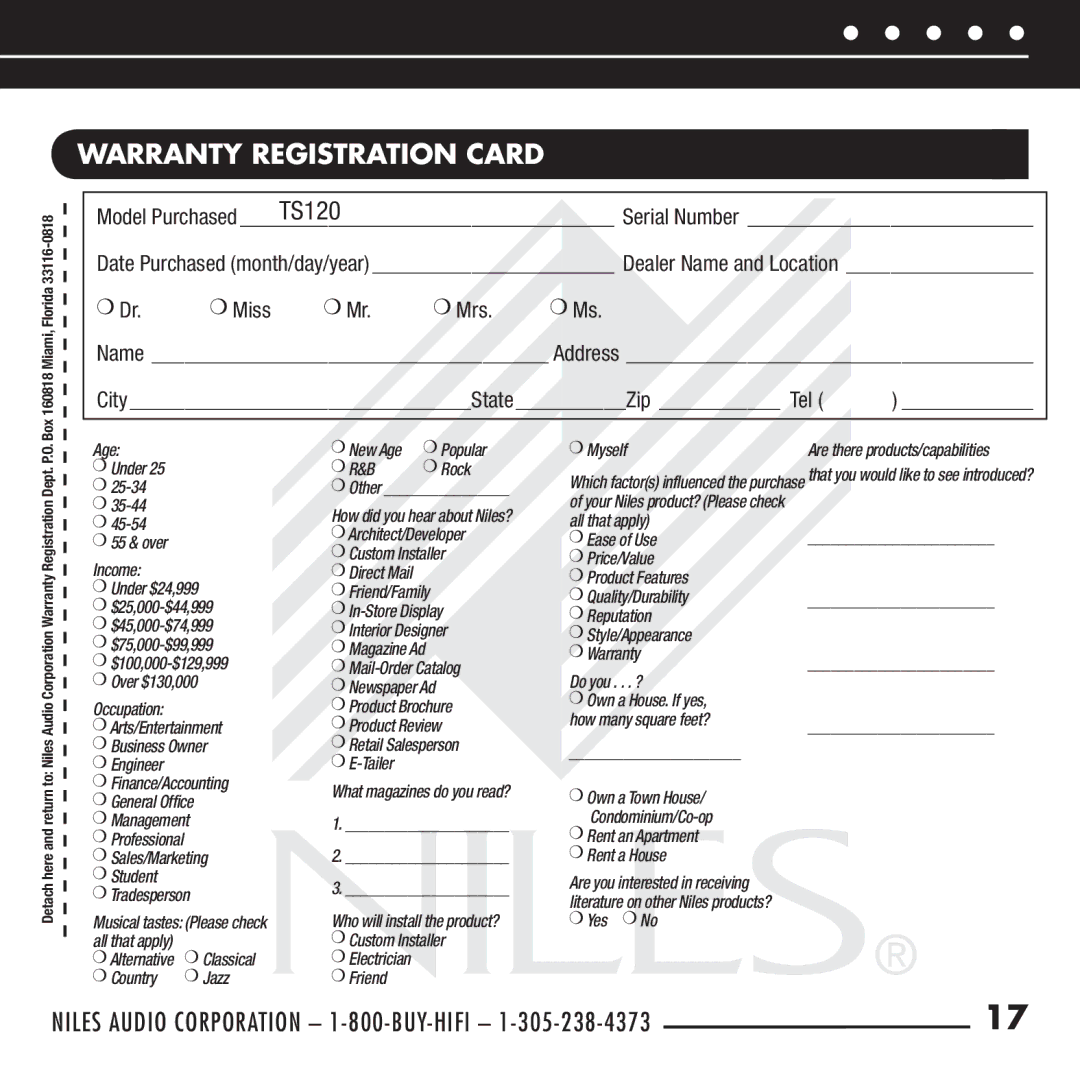 Niles Audio TS120 manual Warranty Registration Card, Miss Mrs 