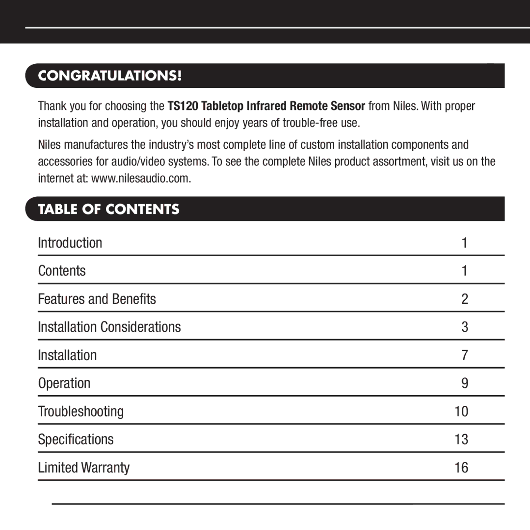 Niles Audio TS120 manual Congratulations, Table of Contents 